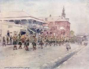 Highlanders marching through Bloemfontein by Mortimer Ludington Menpes